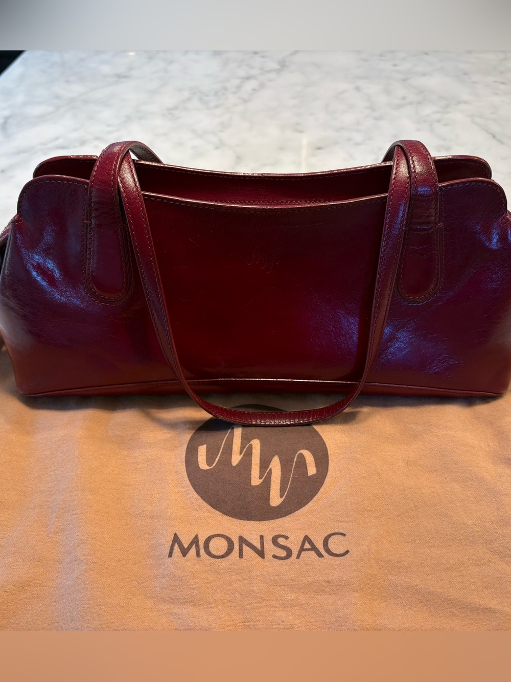 Vintage MONSAC Red Oxblood Leather Shoulder Bag Satchel with Dust Bag - Picture 2 of 6